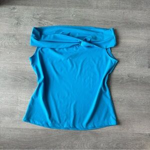 Vtg REQUEST Y2K Royal Blue Twist Front Off-the-Shoulder Top Made in Canada